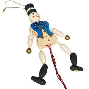 Vintage Pull Toy Christmas 7 1/2" Tall Moving Arms Legs Snowman Wooden Ornament